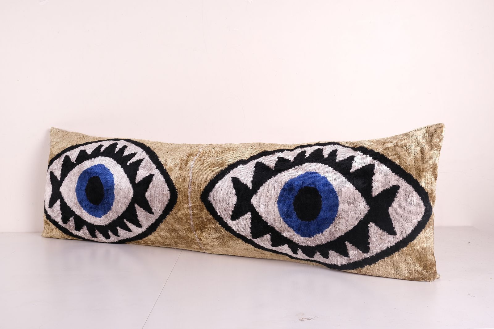 Gold Ikat Eye Velvet Pillow, Handwoven Silk Velvet Extra Long Lumbar Cushion Cover, Designer Bedding Pillow 16'' X 48'' photo for sale