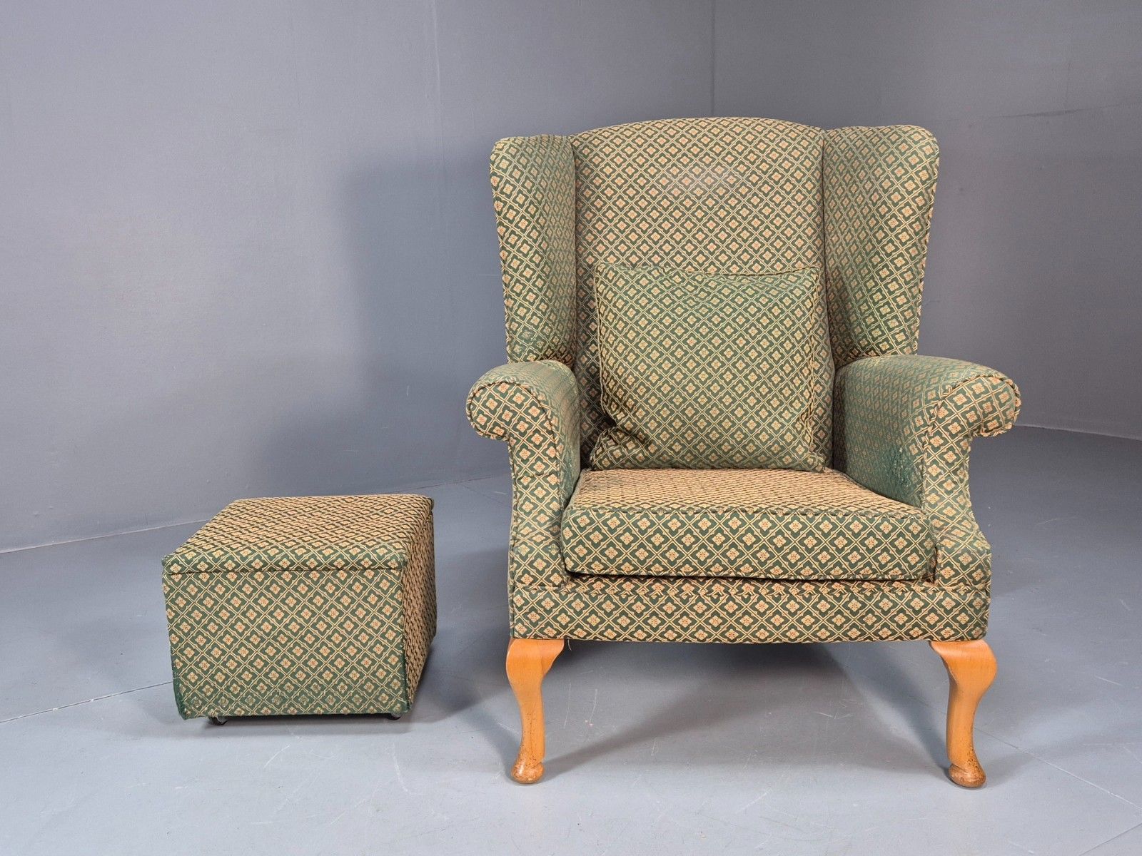 Vintage Parker Knoll Style Wingback With Footstool 1970s Green Eb9988 Vclo photo for sale