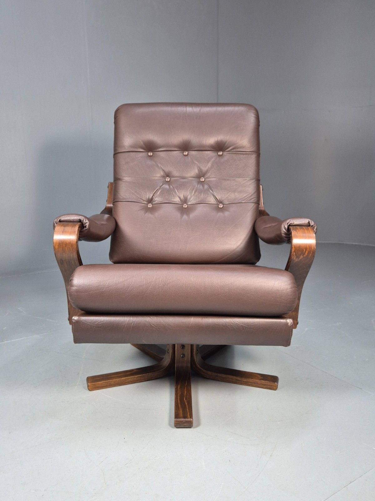 Vintage 1970s Danish Brown Leather And Vinyl Swivel Chair Retro Mcm Eb9865 Mswi photo furniture