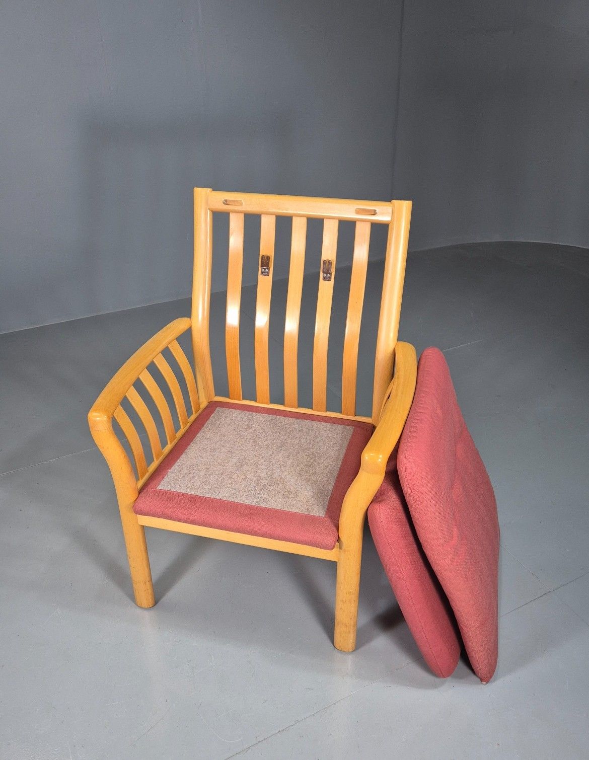 Vintage Danish Lounge Chair Red Beech Frame 1980s Retro Eb7794 Mnor photo vintage