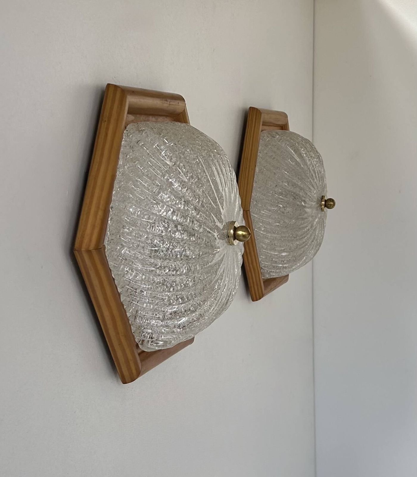 Pair Of Vintage Wall Lights, Pine And Murano Glass, Italy 1980 photo vintage