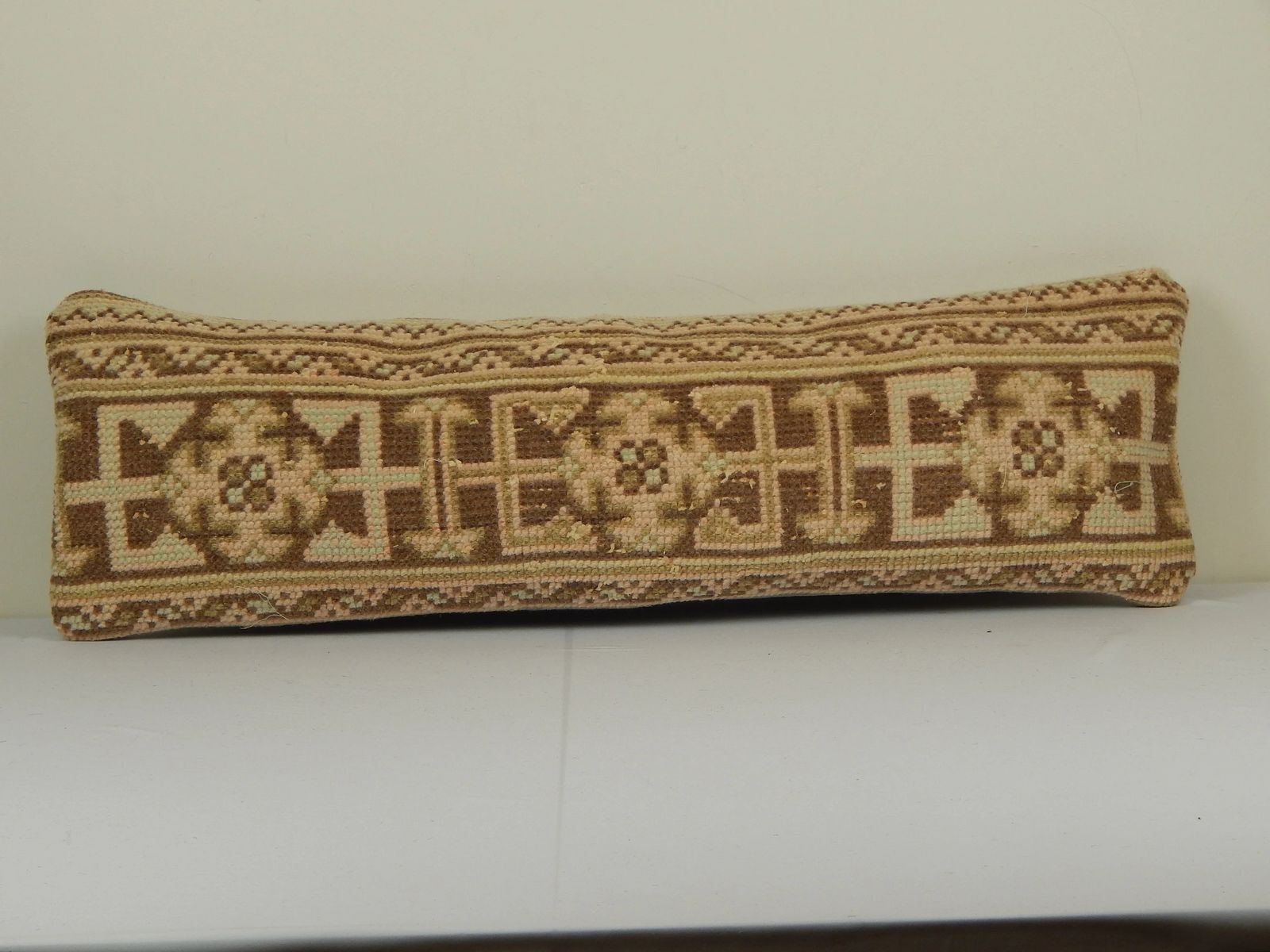Extra Long Turkish Lumbar Rug Pillow, Faded Beige Copper Turkish Bedding Rug Pillow, Geometric Ethnic Anatolian Bench