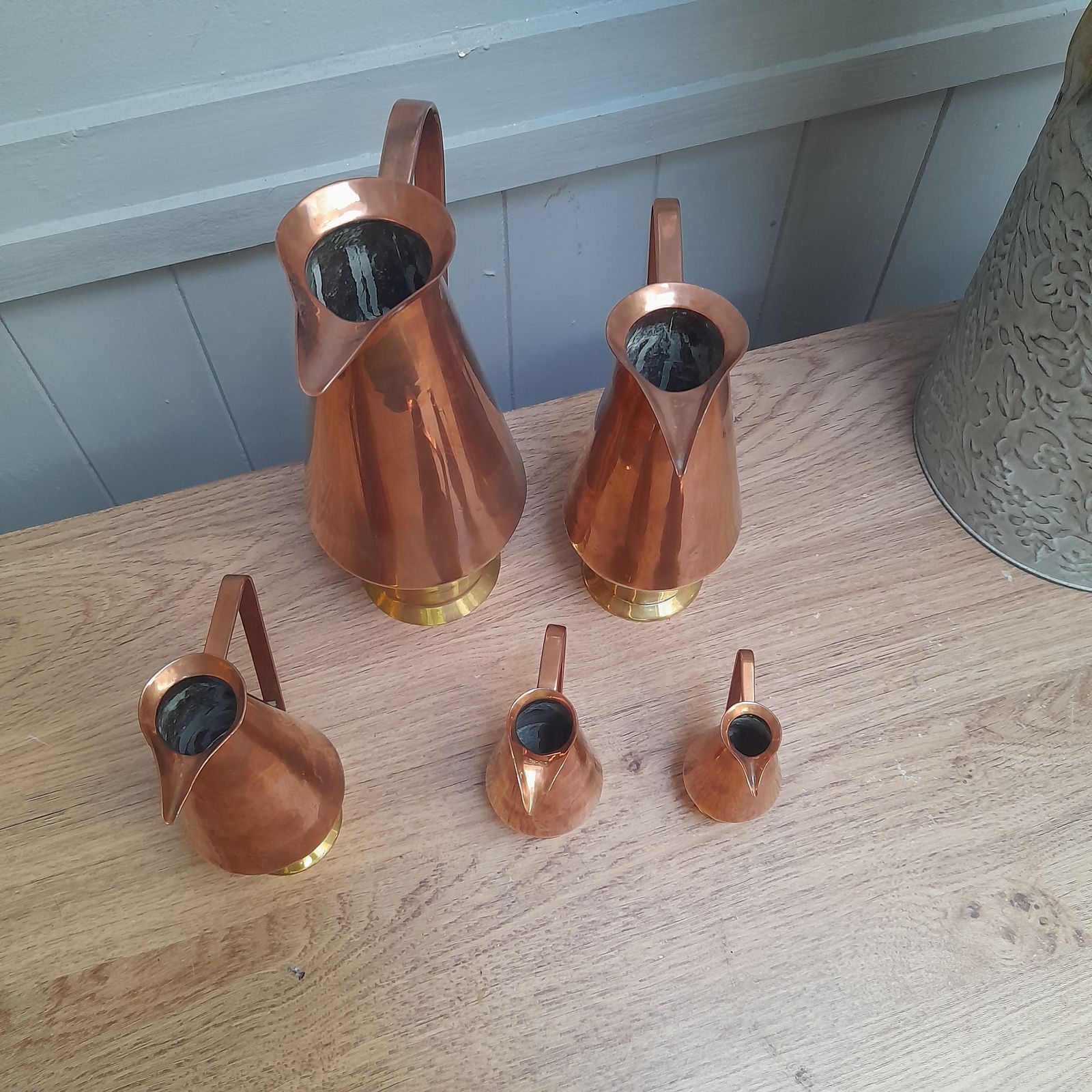 Great Set Of 5 Brass And Copper Pitchers/Jugs photo for sale