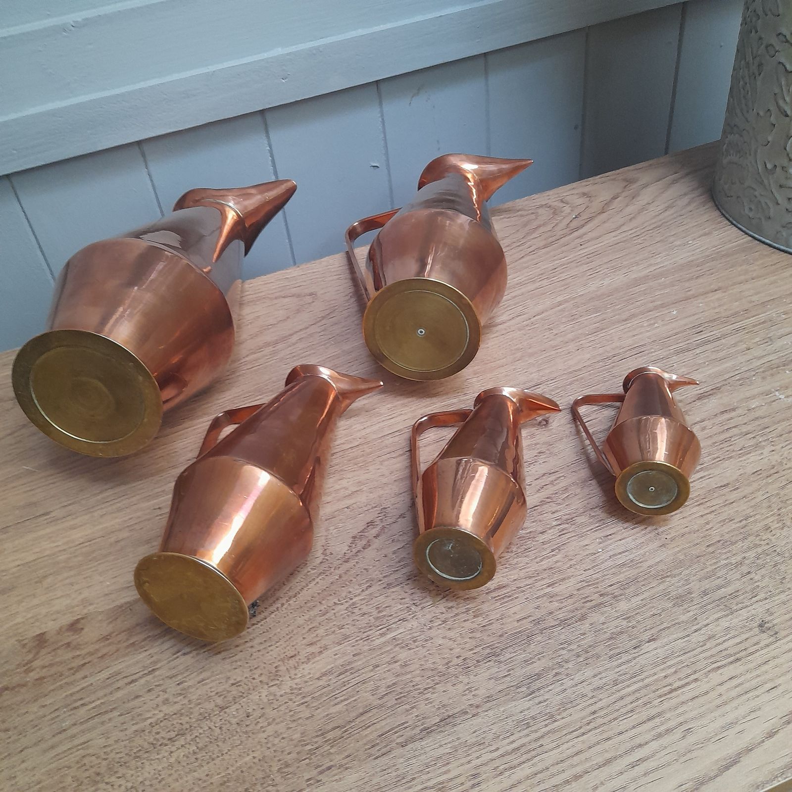Great Set Of 5 Brass And Copper Pitchers/Jugs photo 145.0