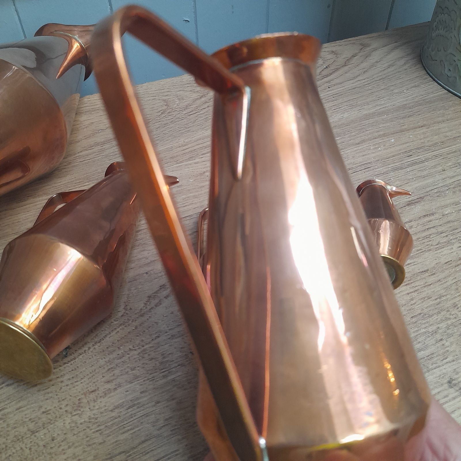 Great Set Of 5 Brass And Copper Pitchers/Jugs photo vinterior