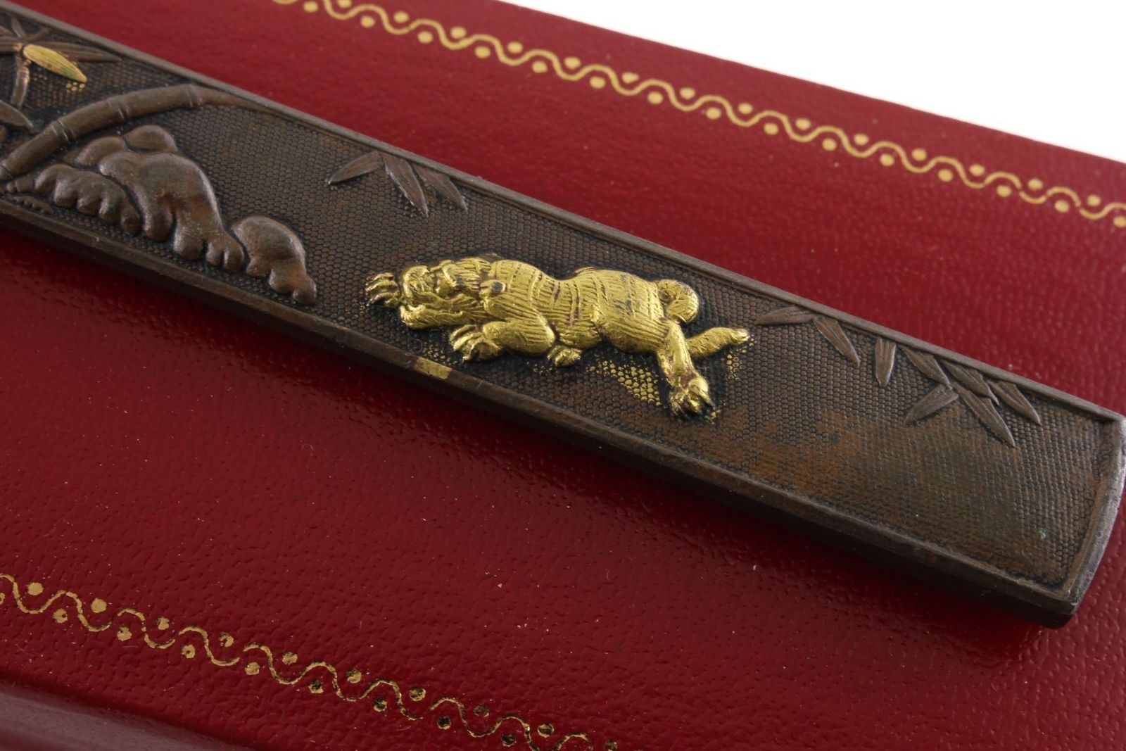 Japanese Bronze Kozuka Tiger Silver Letter Opener. Antique Meiji C1880. photo vintage