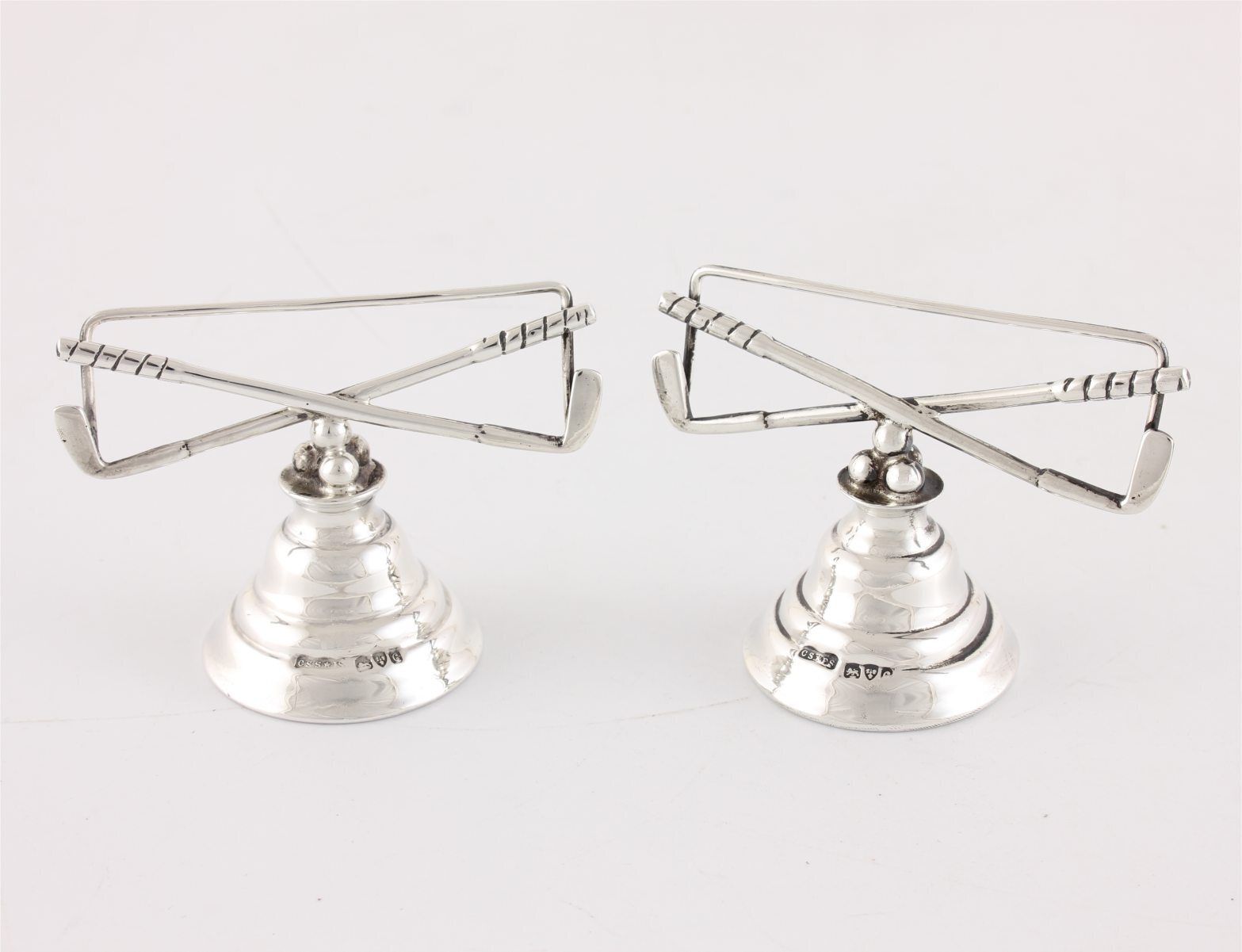 Two Silver Golf Menu Card Holders. Golf Club & Balls Photo Clips. 1903.