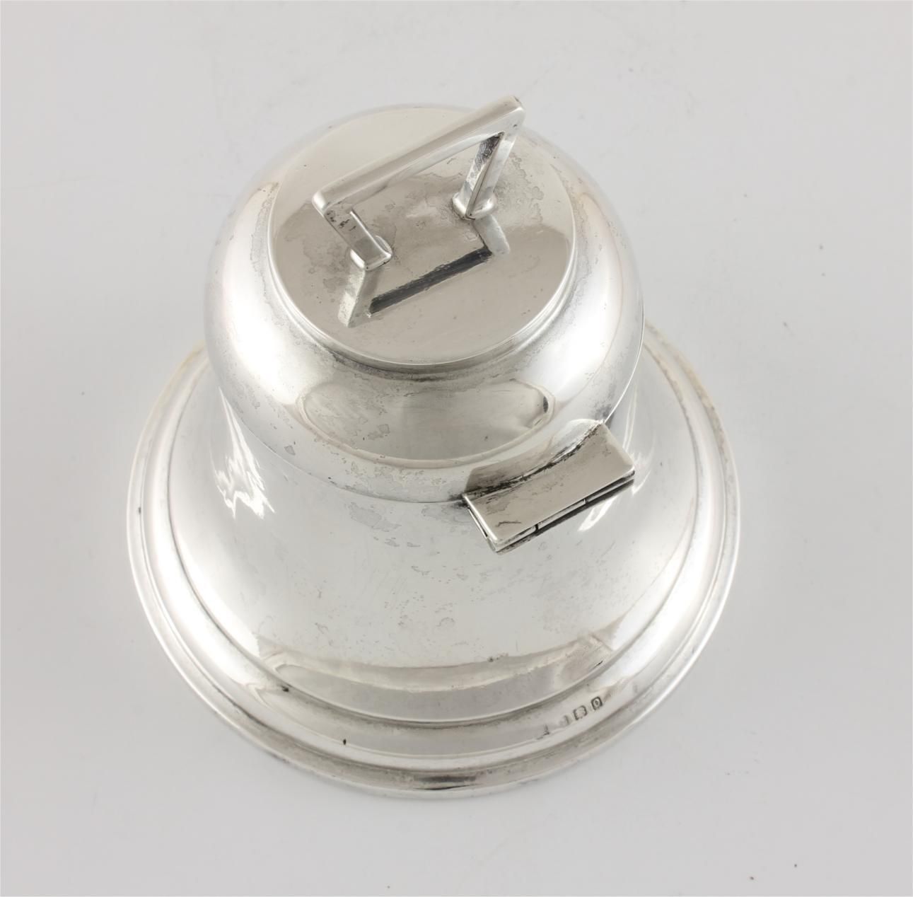 photo vinterior Large Antique Silver Bell Inkwell. Ships Bell Ink Pot Stand. 1913.