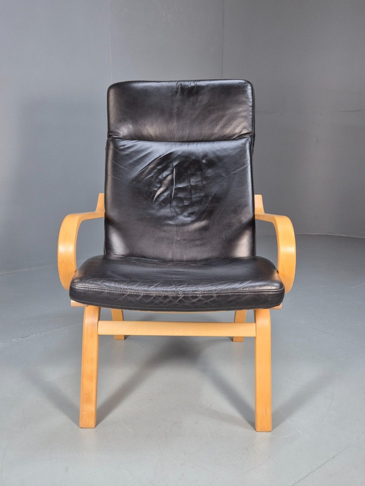 Danish Black Leather Bentwood Armchair Stouby Style Beech Frame  Eb10299 Mben photo for sale