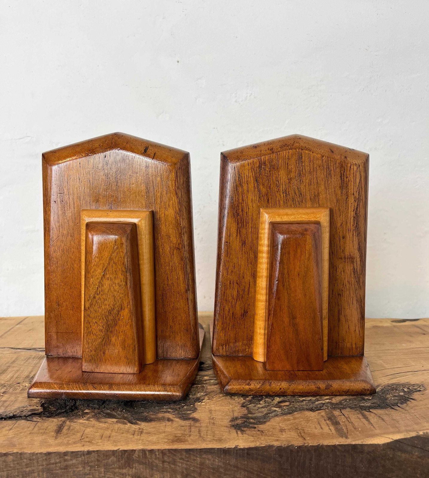 Mid Century Art Deco Wooden Bookends: Mahogany & Beech photo furniture