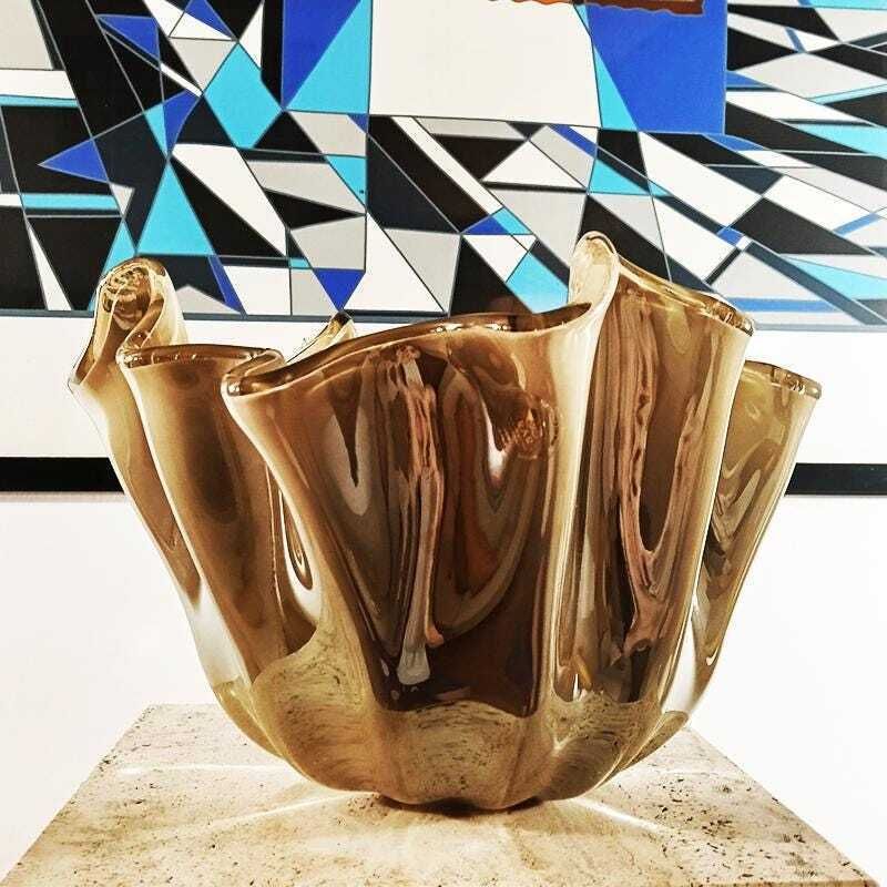 Big Glossy Light Bronze Jacketed Handkerchief Vase In Hand Worked Murano Glass. Made In Italy.