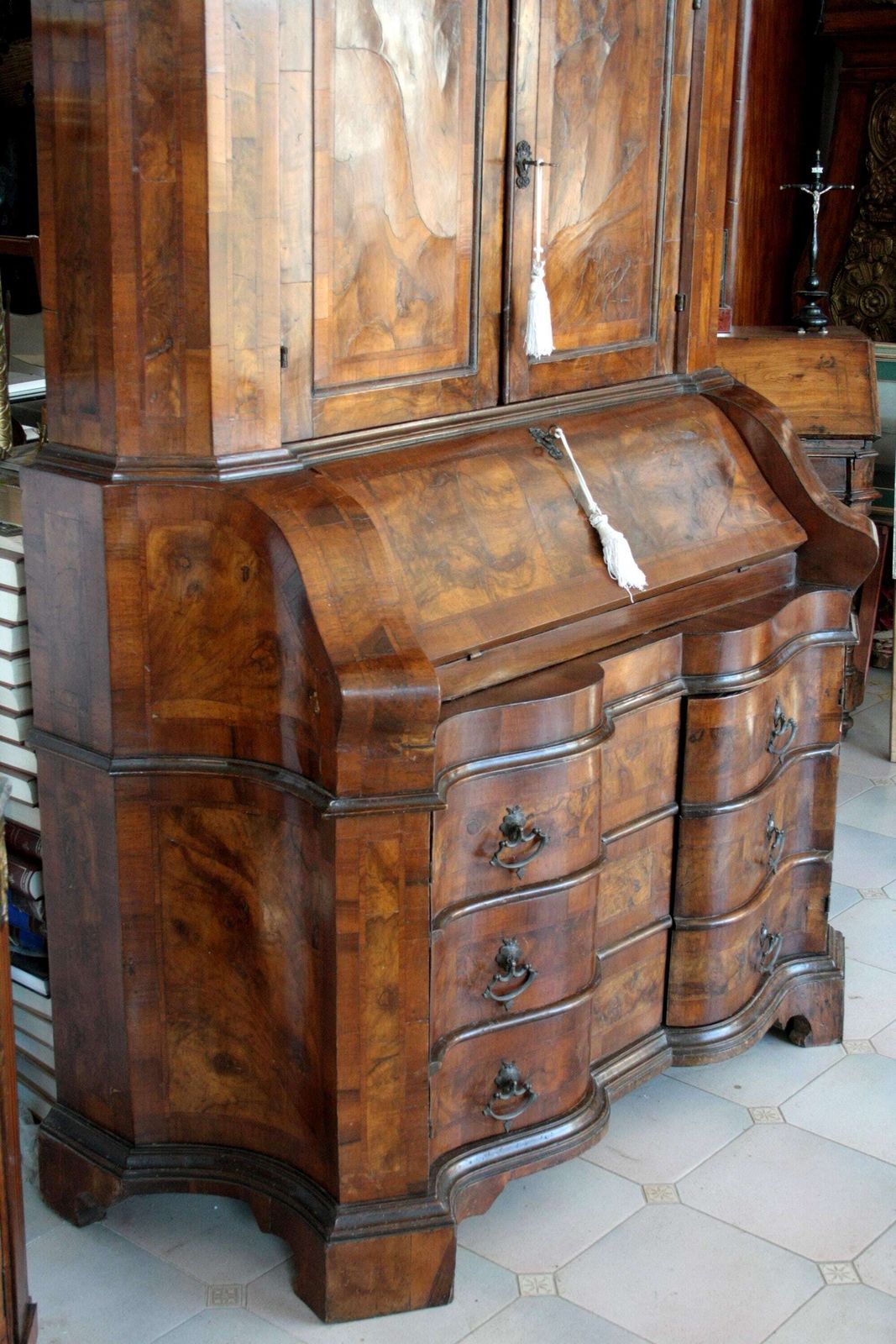 Antique Wall Unit Italian Walnut Burl, 19th Century Lombard Trumeau, Vintage Northern Italy Furniture, Cabinet With Drawers And Shelves photo for sale