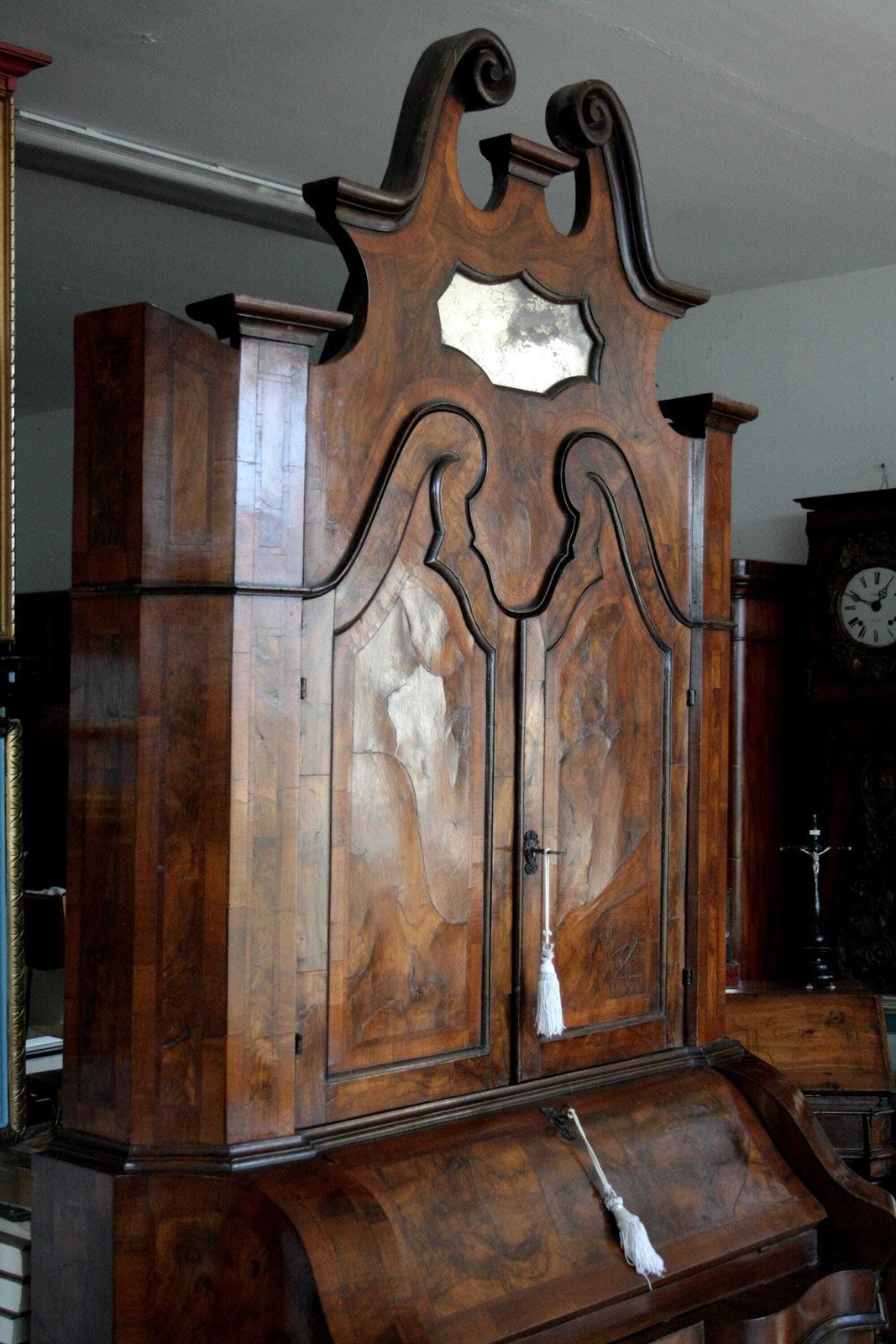Antique Wall Unit Italian Walnut Burl, 19th Century Lombard Trumeau, Vintage Northern Italy Furniture, Cabinet With Drawers And Shelves photo Furniture