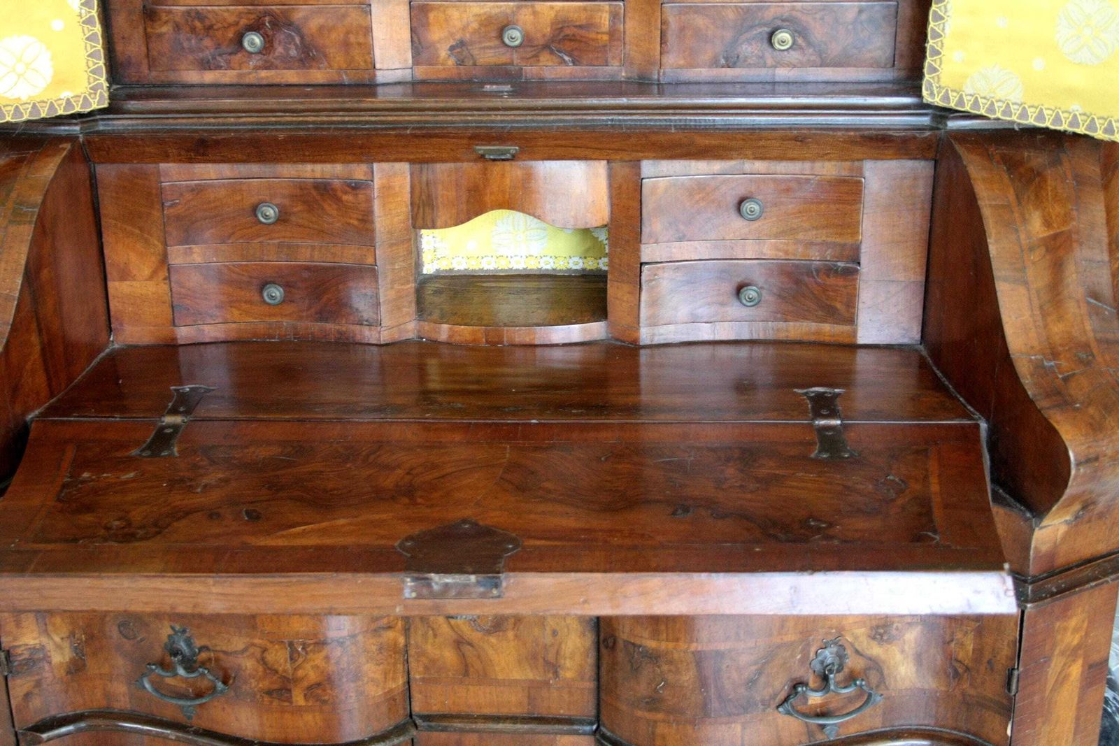 photo for sale Antique Wall Unit Italian Walnut Burl, 19th Century Lombard Trumeau, Vintage Northern Italy Furniture, Cabinet With Drawers And Shelves