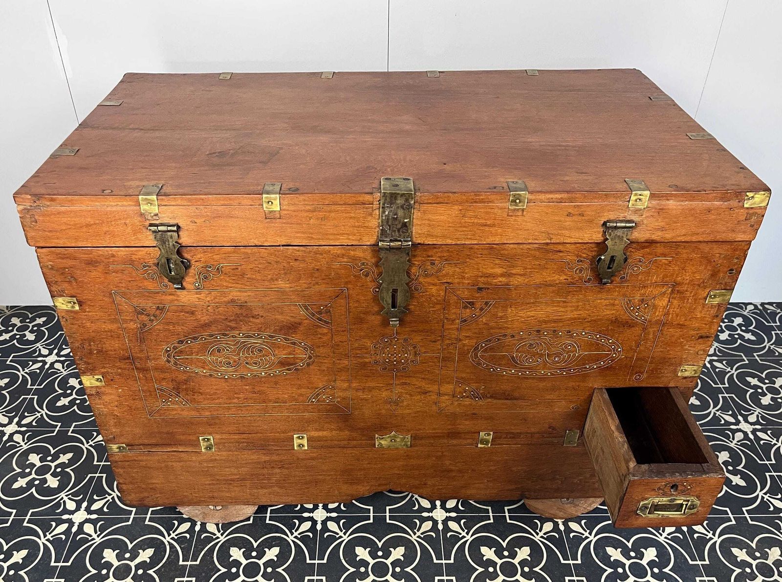Antique Circa 1900 Anglo   Indian Marriage Dowry Campaign Chest On Wheels photo furniture