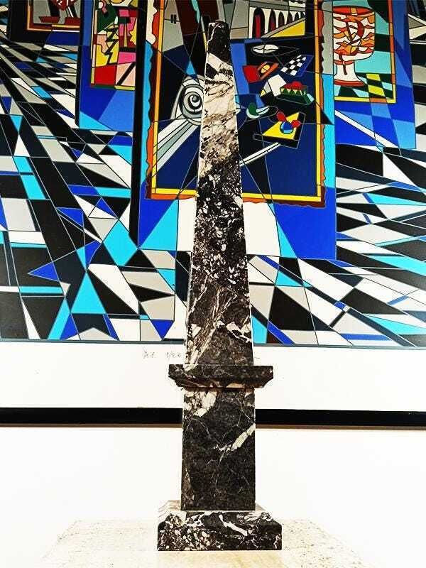 1960s Stunning Very Big Hand Carved Obelisk In Black Marble Of Aquitaine. Made In Italy. 57cm. H / 22.44 H Inches