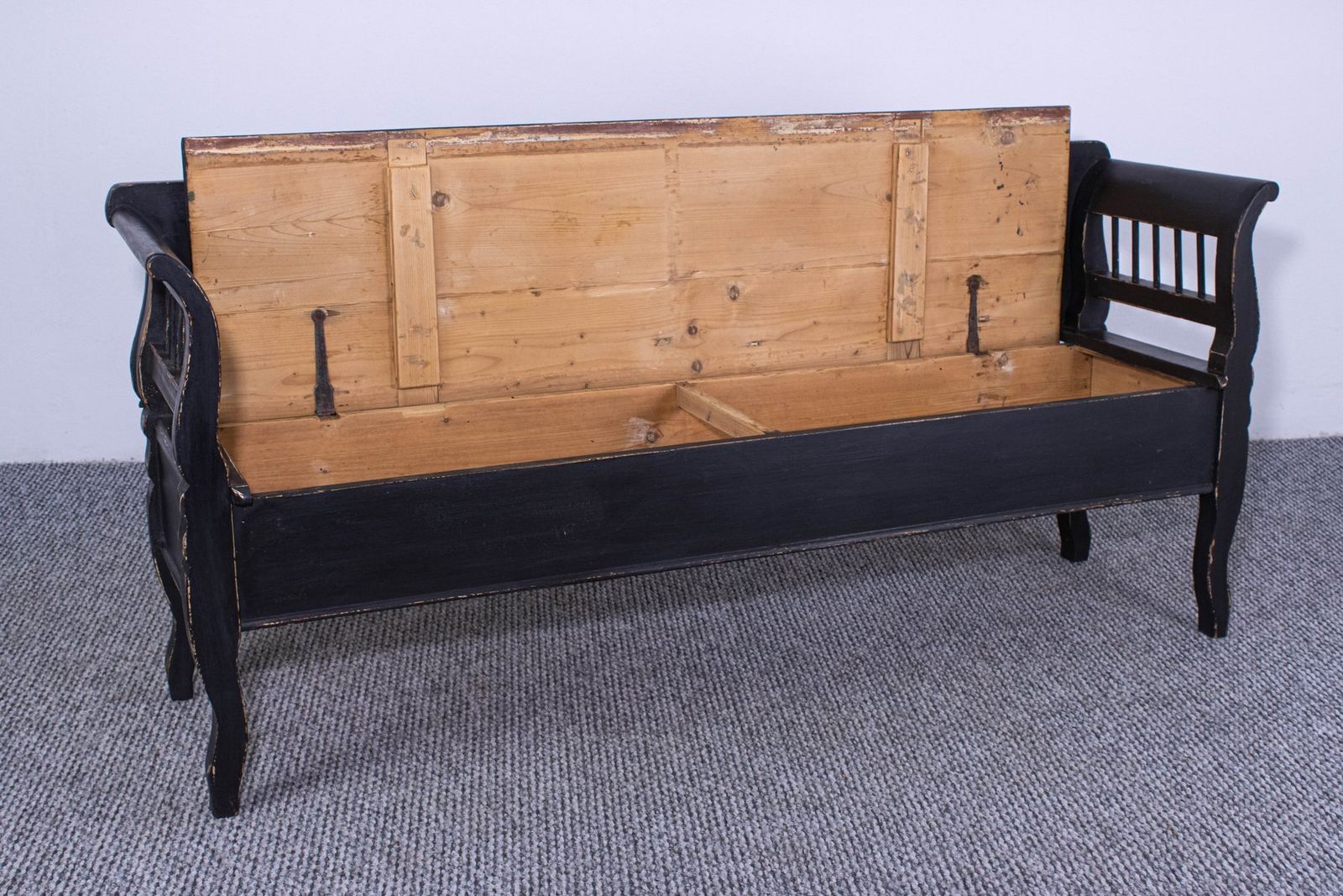 Antique Black Painted Pine Box Bench, Late 19th Century photo for sale