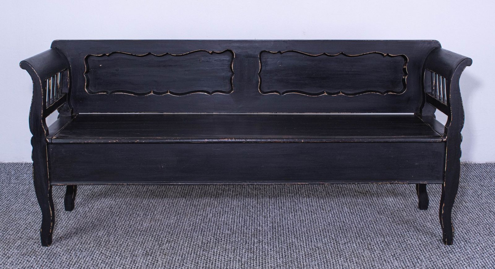 Antique Black Painted Pine Box Bench, Late 19th Century photo Furniture