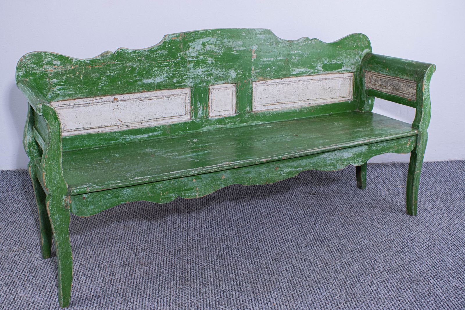 Antique Green And White Painted Pine Bench, Late 19th Century