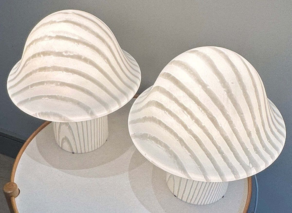 Pair Of Large 1970s Space Age Peill & Putzler Striped White Silky Glass Mushroom Table Lamps photo 685.0