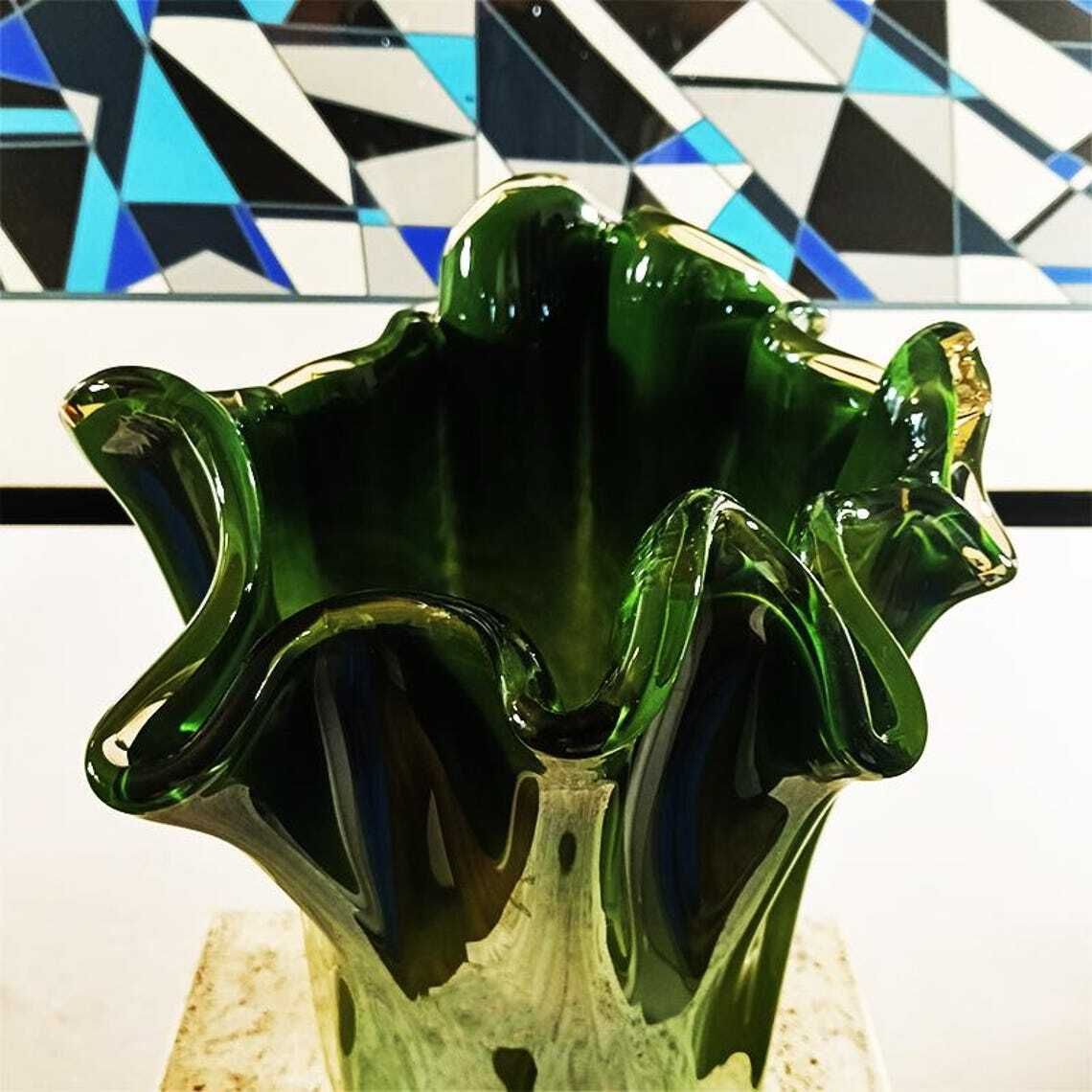 Stunning Glossy Green Jacketed Vase In Hand Worked Murano Glass. Made In Italy. photo for sale