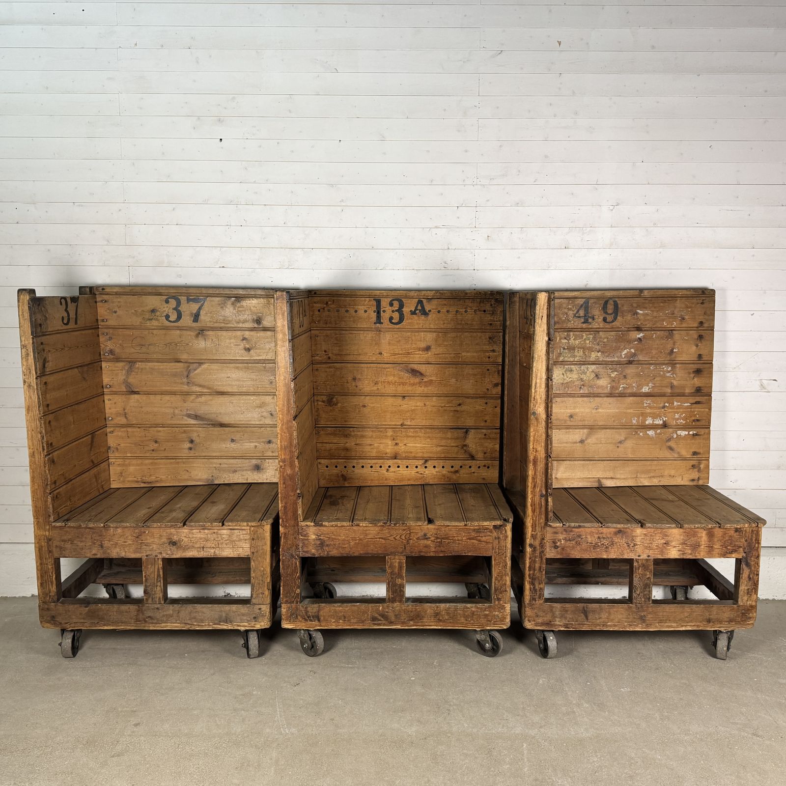 Set Of 3 Heavy Duty Industrial Pine Factory Trolleys