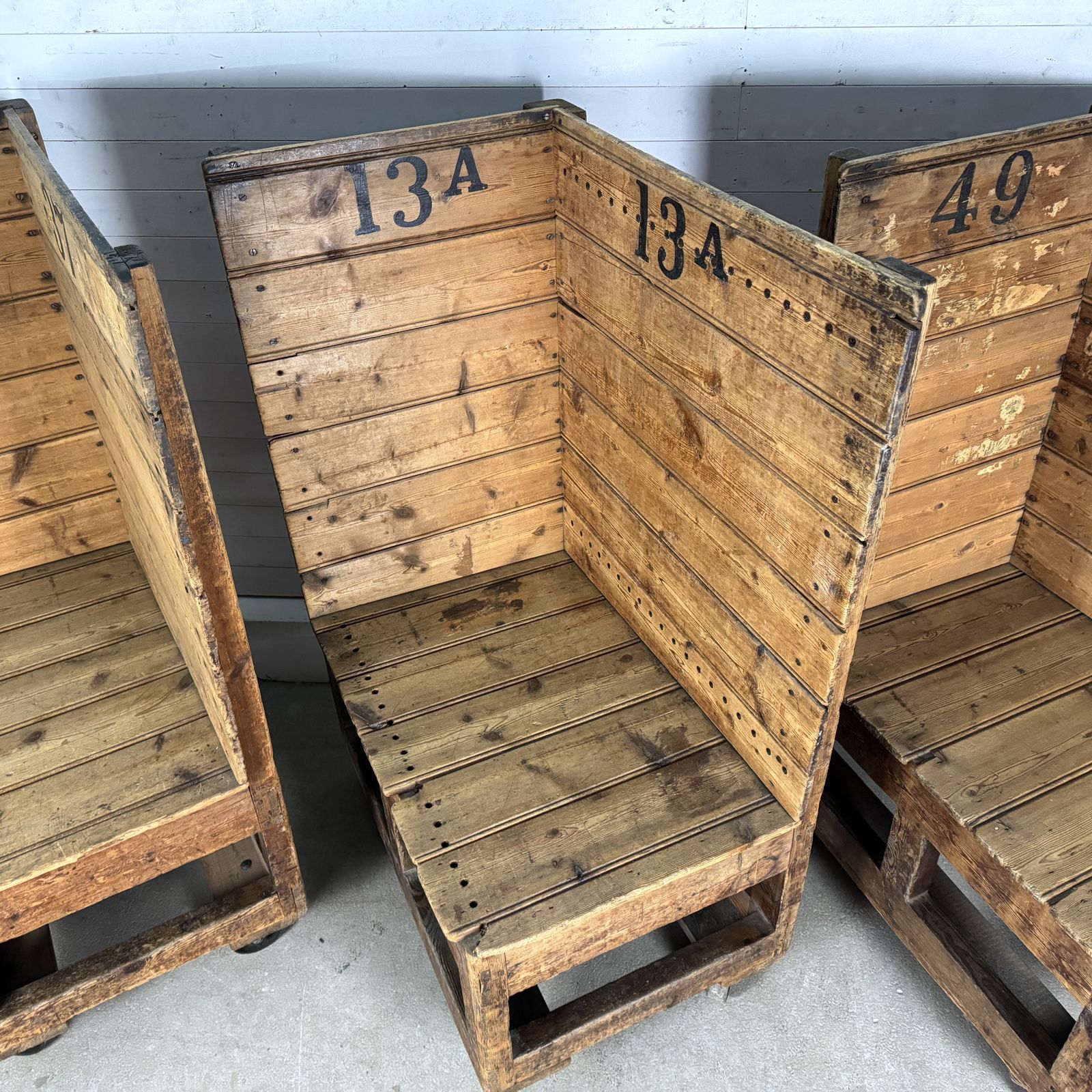 Set Of 3 Heavy Duty Industrial Pine Factory Trolleys photo vinterior