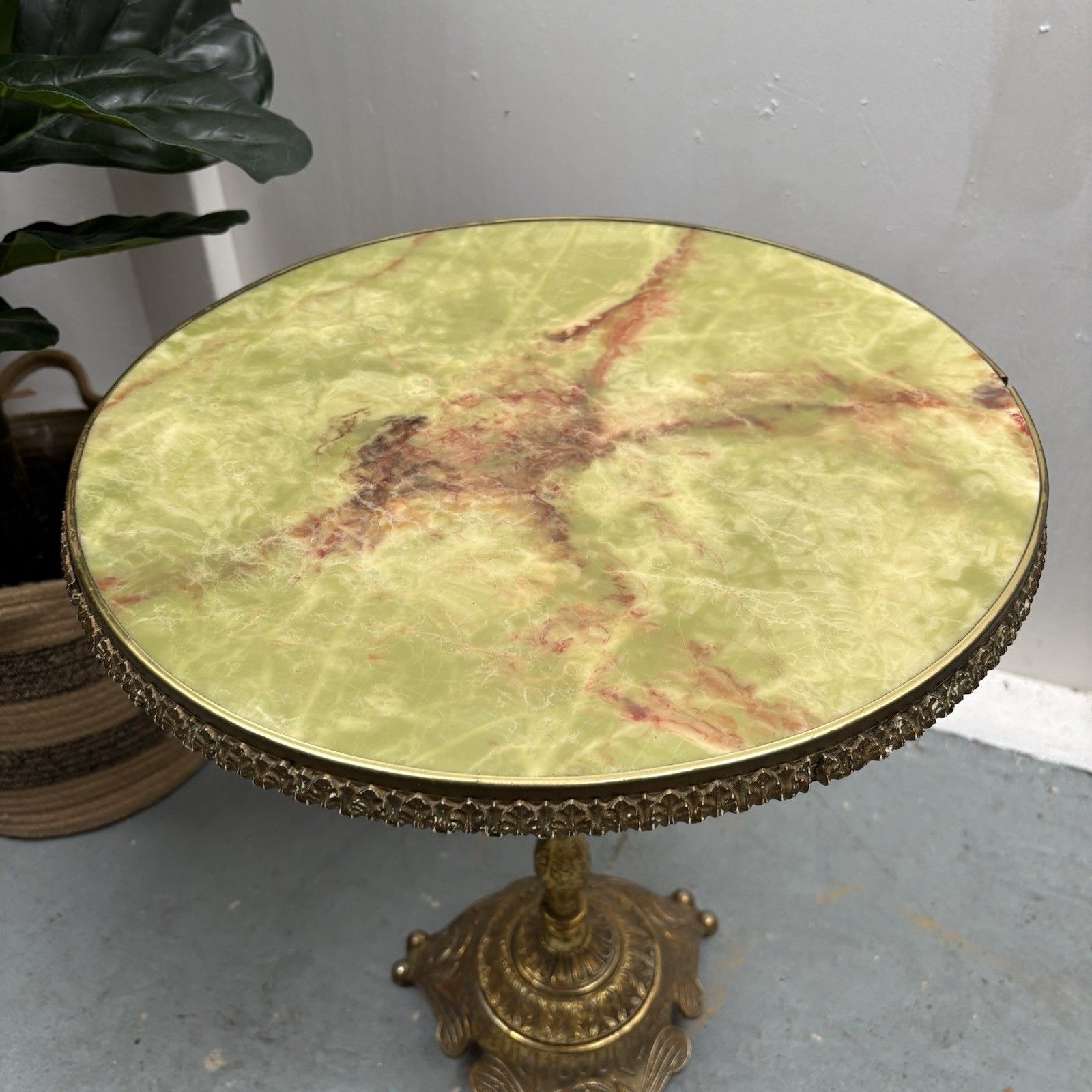 Vintage French Style Green Onyx Circular Top Brass Wine Or Side Table photo vinterior
