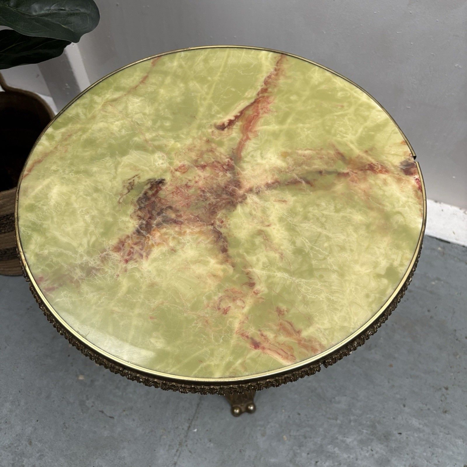 photo furniture Vintage French Style Green Onyx Circular Top Brass Wine Or Side Table