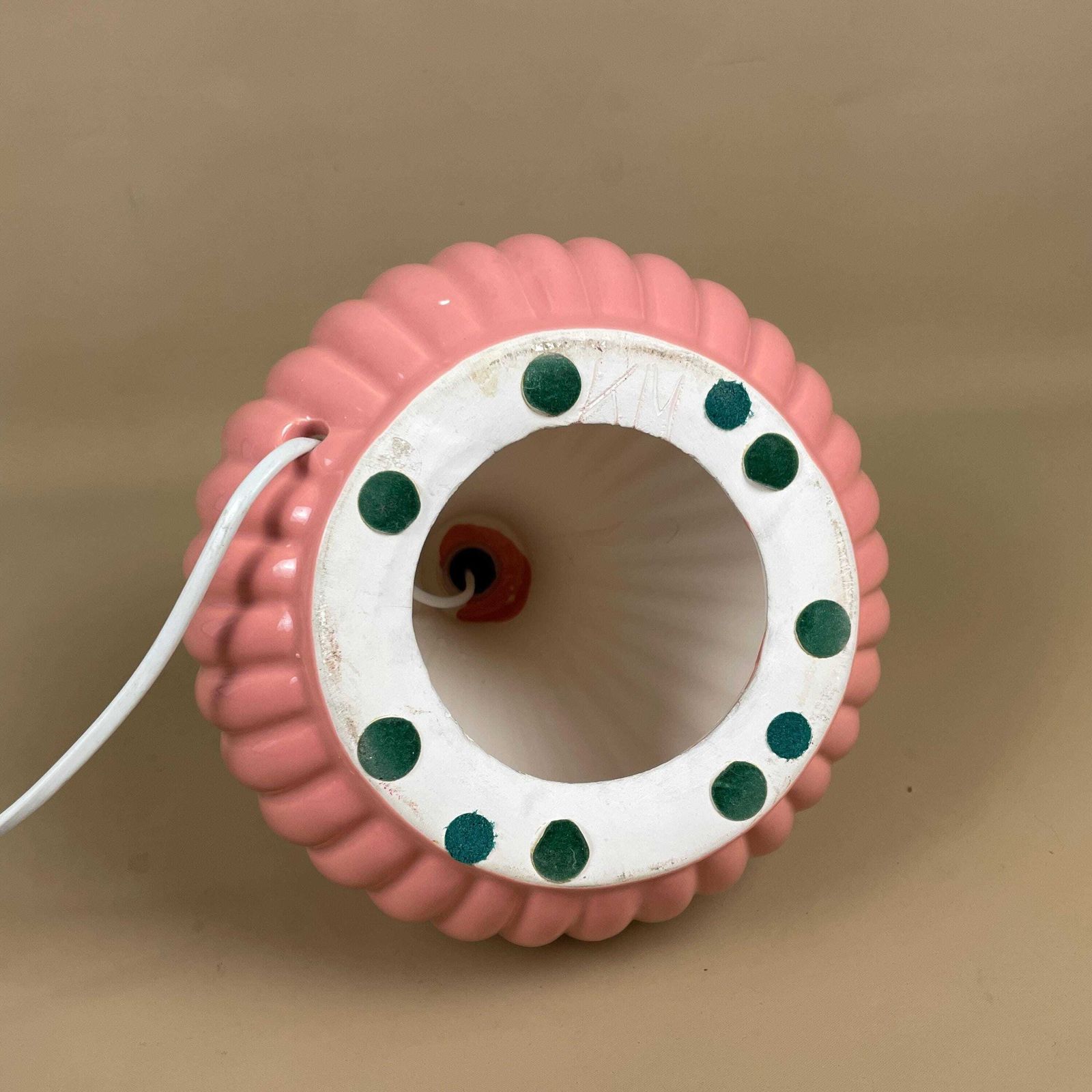 Vintage Ceramic Lamp Light Bedside Table Round Pink Retro Side Antique Desk Porcelain Vase Base Cottage Ribbed Stripes Striped Pattern photo vinterior