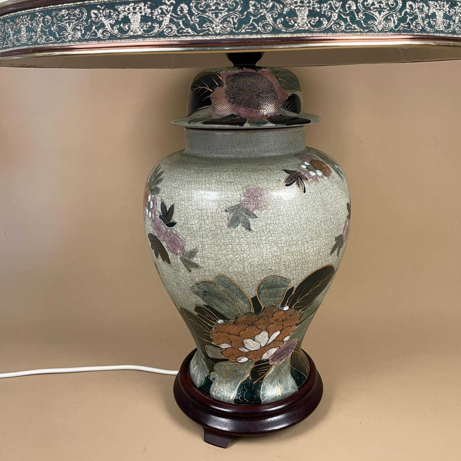 Antique Oriental Ceramic Lamp Light Bedside Table Shade Lampshade Chinese Decor Porcelain Ginger Jar Vase Hand Painted Floral Birds Wood photo for sale