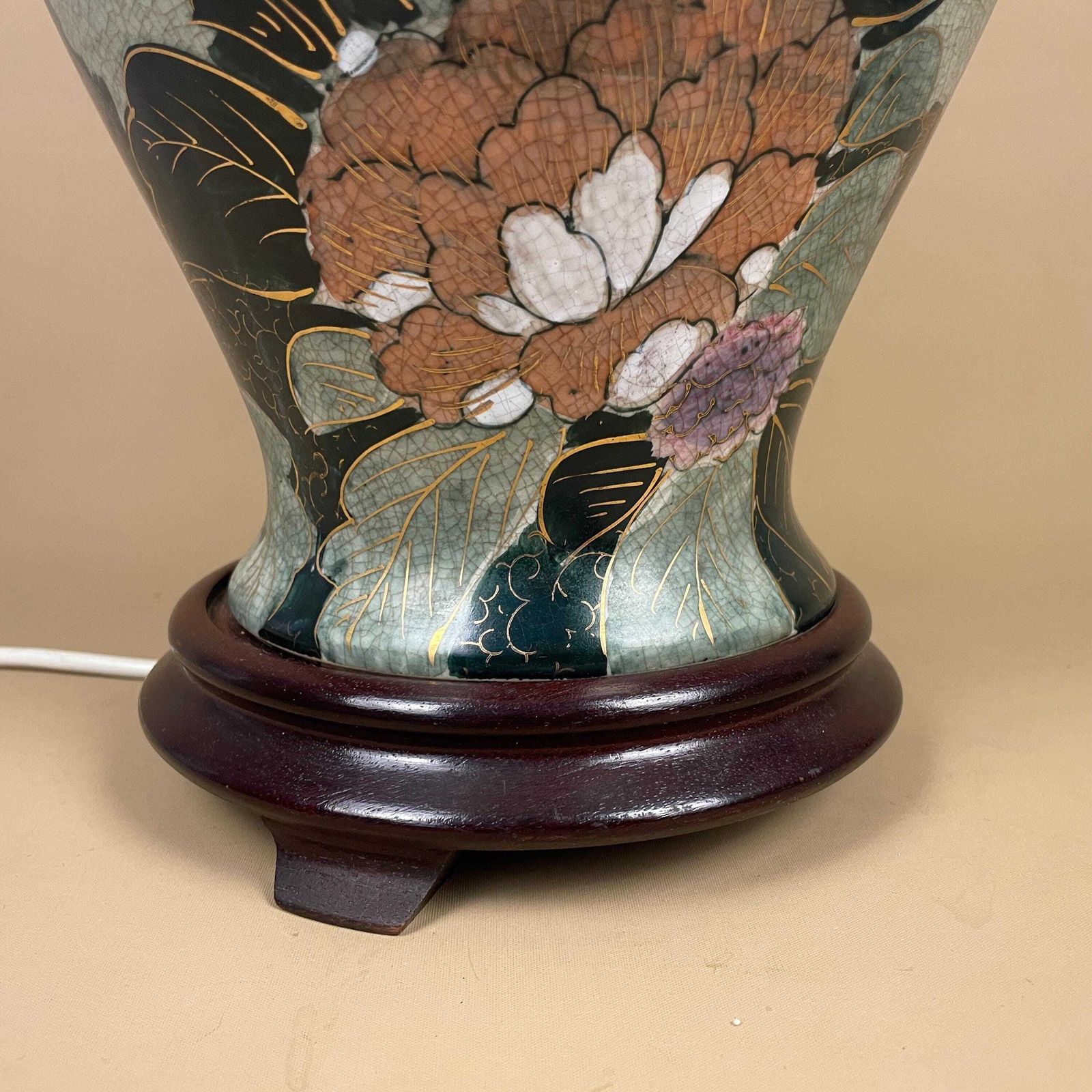 Antique Oriental Ceramic Lamp Light Bedside Table Shade Lampshade Chinese Decor Porcelain Ginger Jar Vase Hand Painted Floral Birds Wood photo 135.0