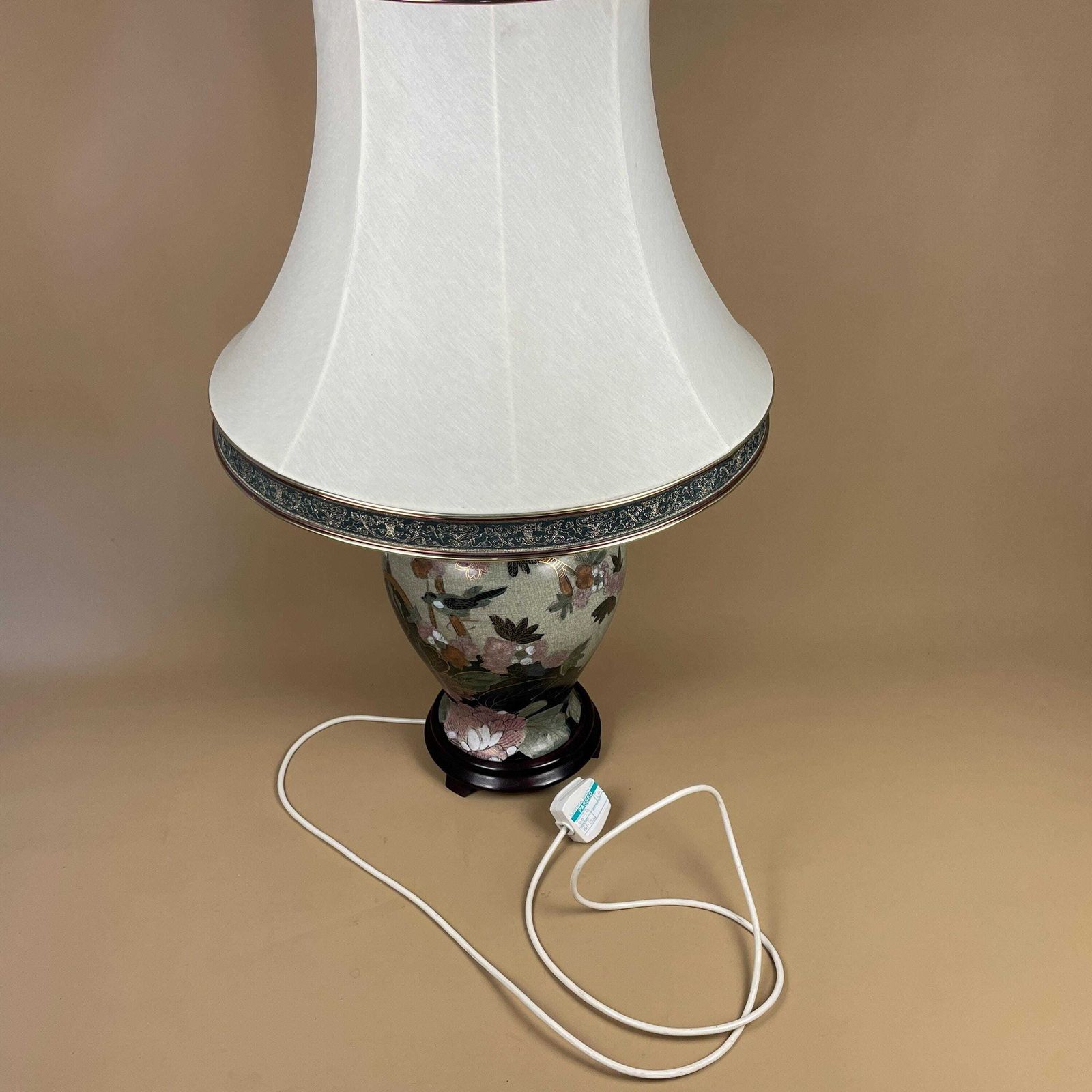 photo for sale Antique Oriental Ceramic Lamp Light Bedside Table Shade Lampshade Chinese Decor Porcelain Ginger Jar Vase Hand Painted Floral Birds Wood