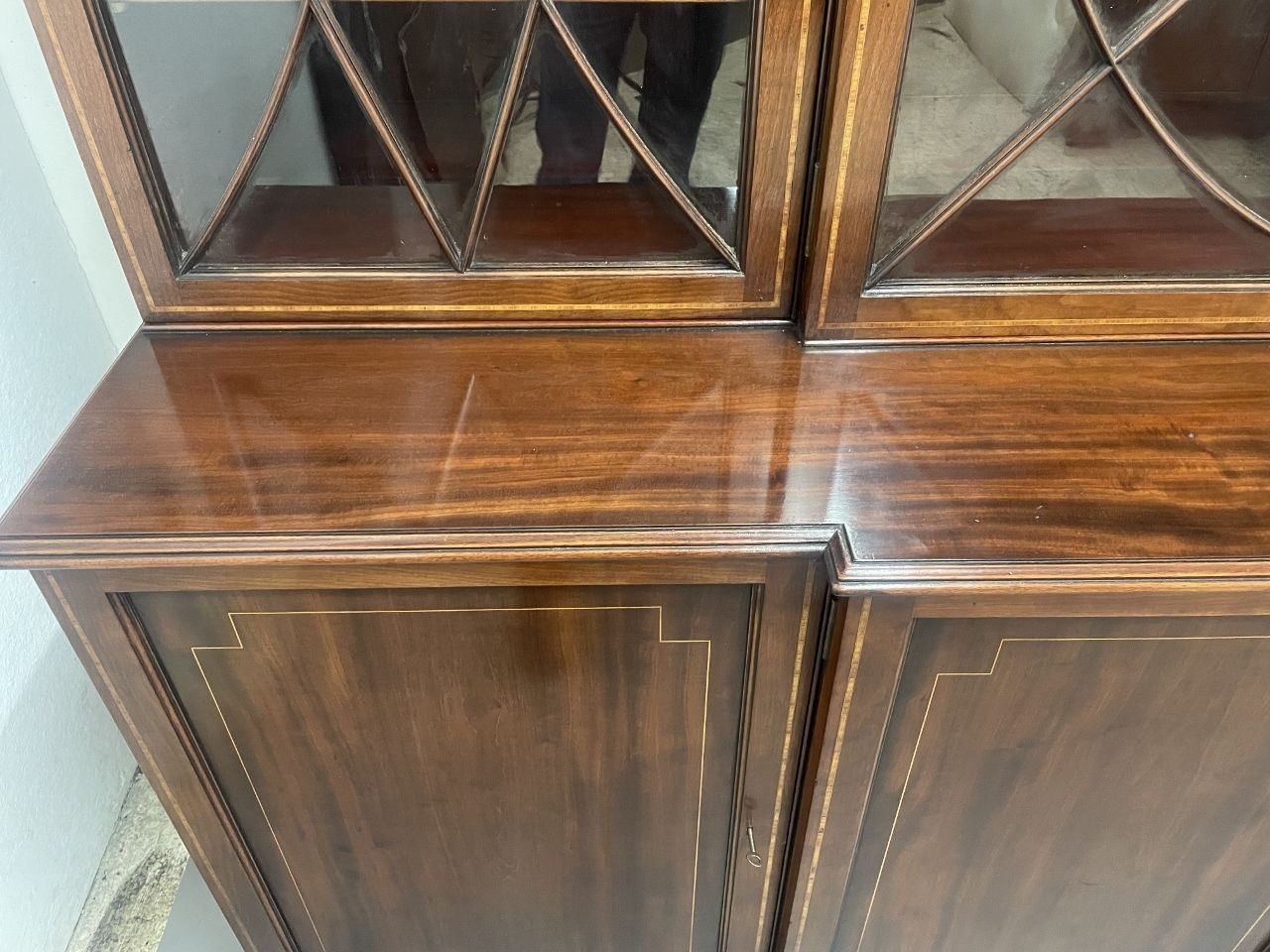Furniture 19th Century Inlaid Mahogany Breakfront Bookcase photo
