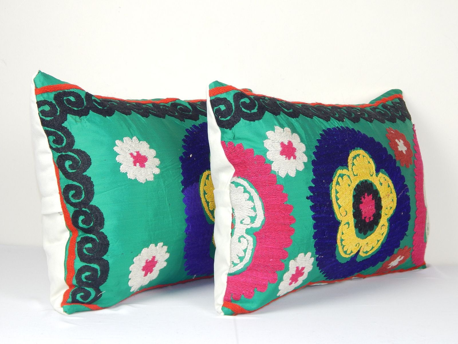 Set Of Two Suzani Green Lumbar Pillow Cases Fashioned From A Vintage Suzani, Matching Floral Embroidered Pillow photo Textiles