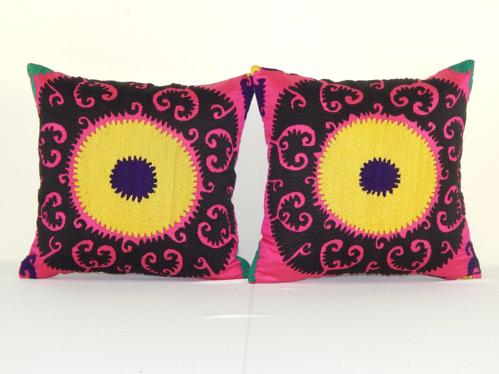 Square Pillow From Vintage Suzani Textile   Set Of Two Yellow & Pink Ethnic Cushion Cover   Pair Ethnic House Decor