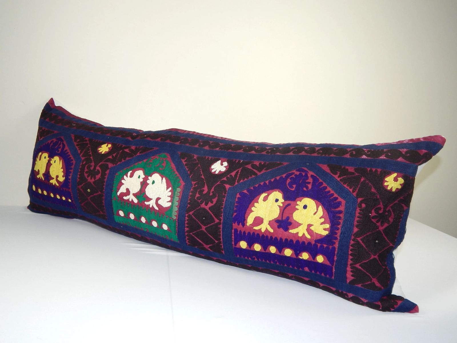 Animal Motif Suzani Pillow, Bedding Ethnic Cushion Cover, Vintage Embroidered Textile From Bukhara, Purple Cushion photo Textiles