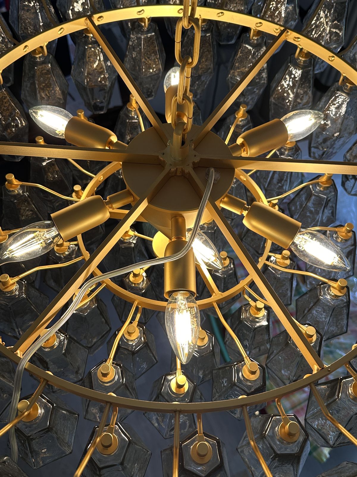 Contemporary Styled After Venini Smoked Fumè “Poliedri” Murano Glass Gold Chandelier photo for sale