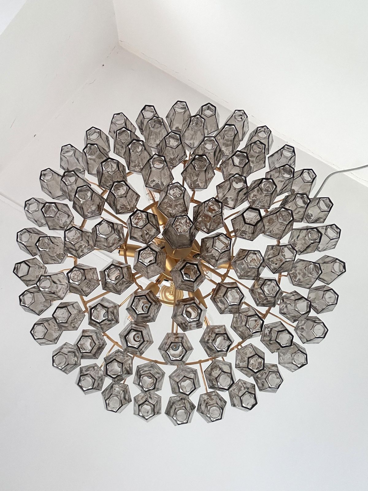 Lighting Contemporary Styled After Venini Smoked Fumè “Poliedri” Murano Glass Gold Chandelier photo