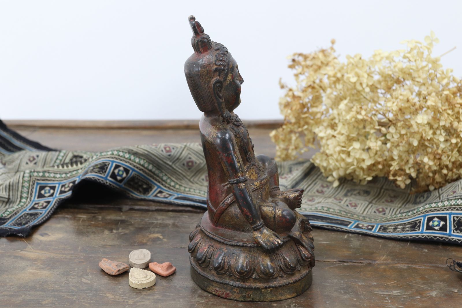 Home Decor Tibetan Bronze Buddha With Traces Of Gold Leaf And Red Lacquer photo