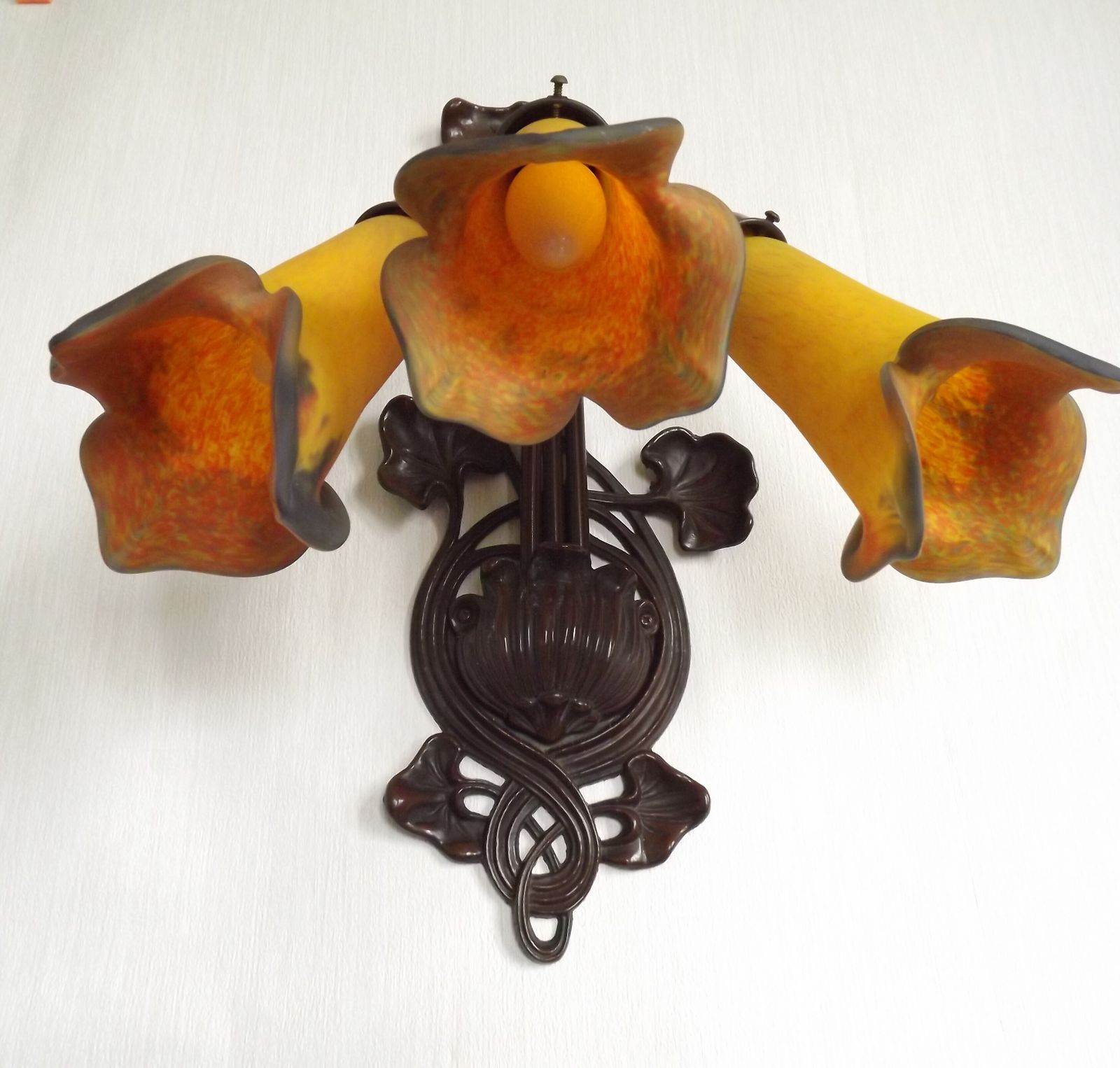 French Art Nouveau Style Large 3 Light Wall Sconce.  Signed Art De France Lily Shades. photo 240.0