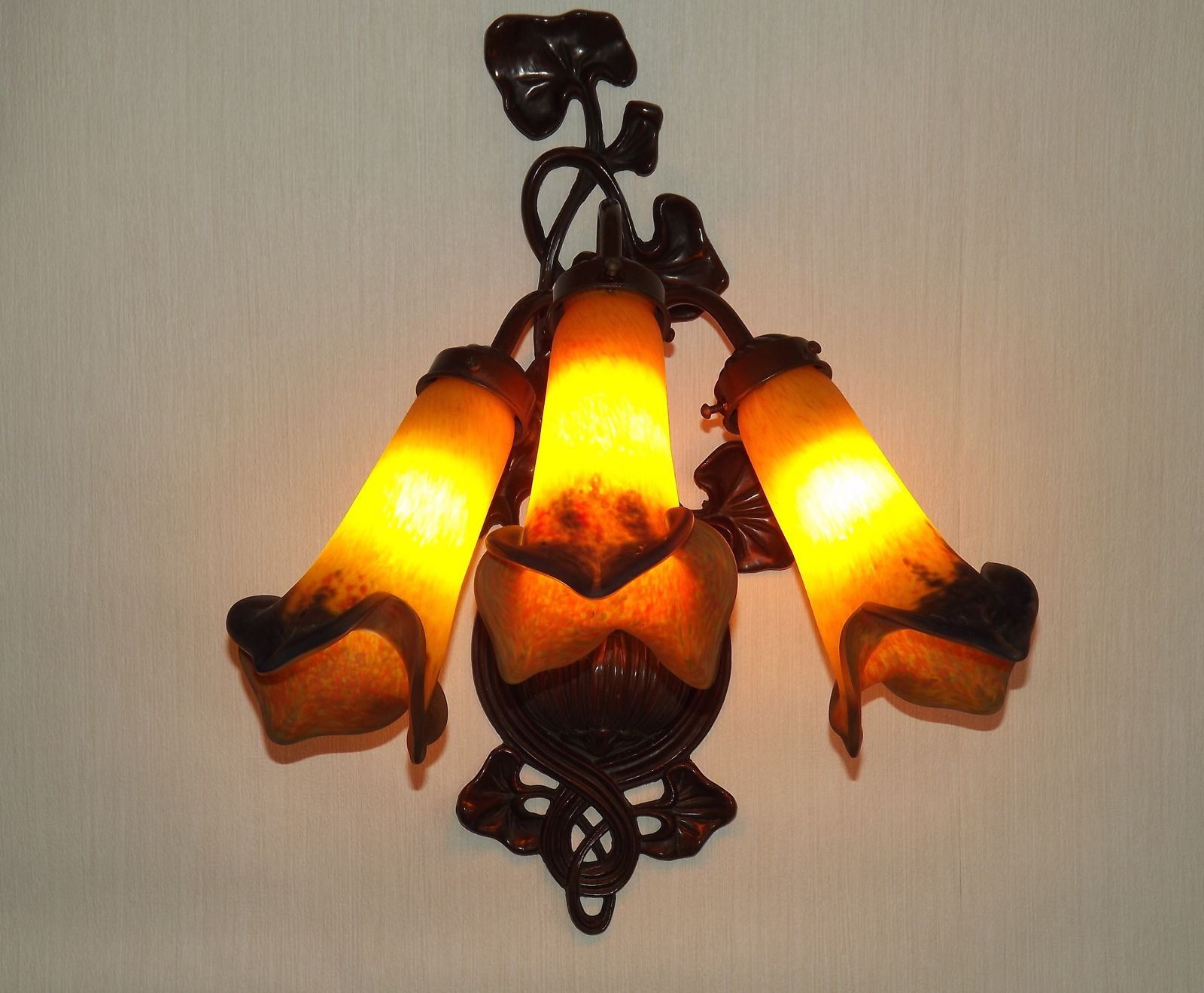 French Art Nouveau Style Large 3 Light Wall Sconce.  Signed Art De France Lily Shades. photo vinterior