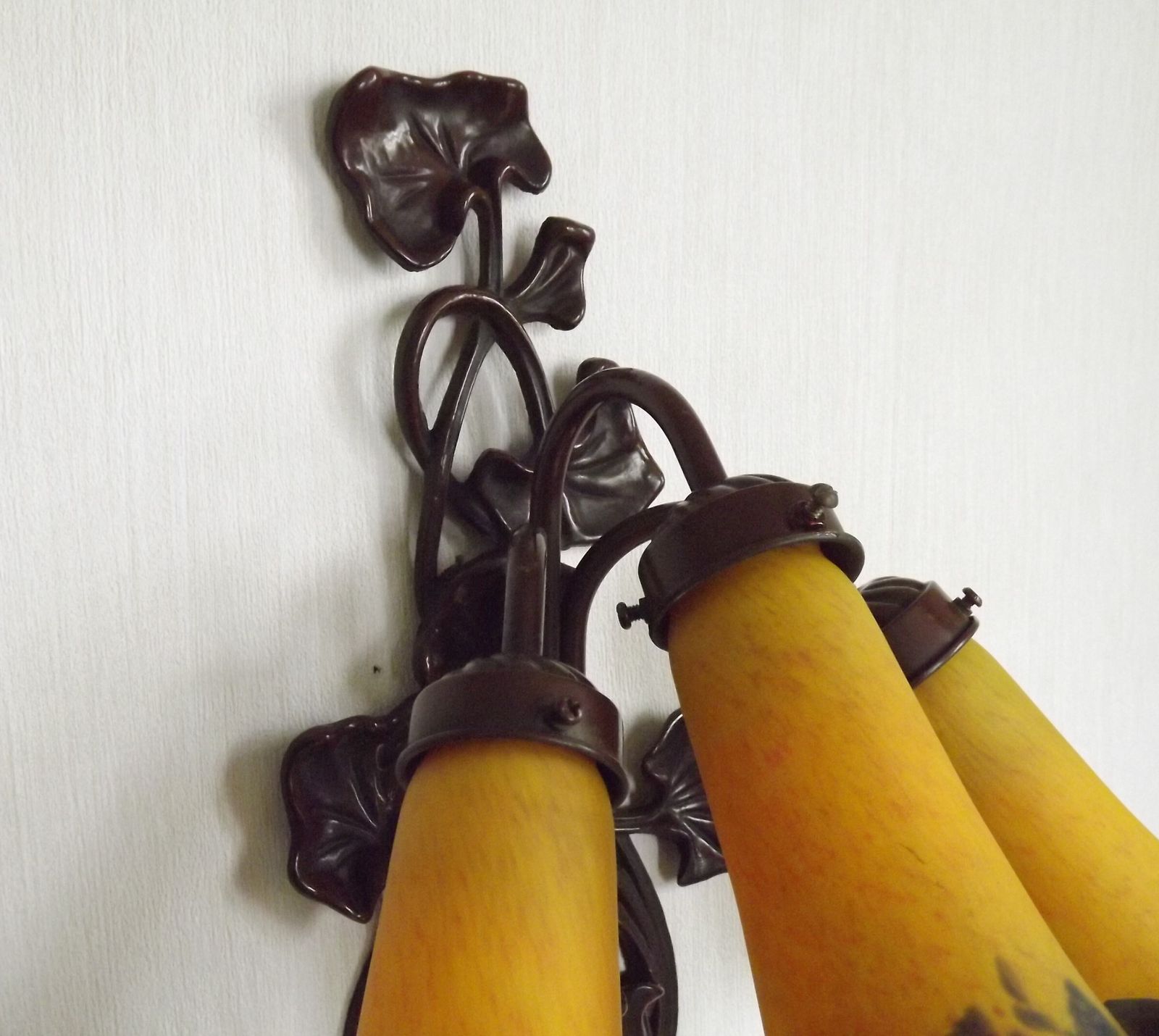 Lighting French Art Nouveau Style Large 3 Light Wall Sconce.  Signed Art De France Lily Shades. photo