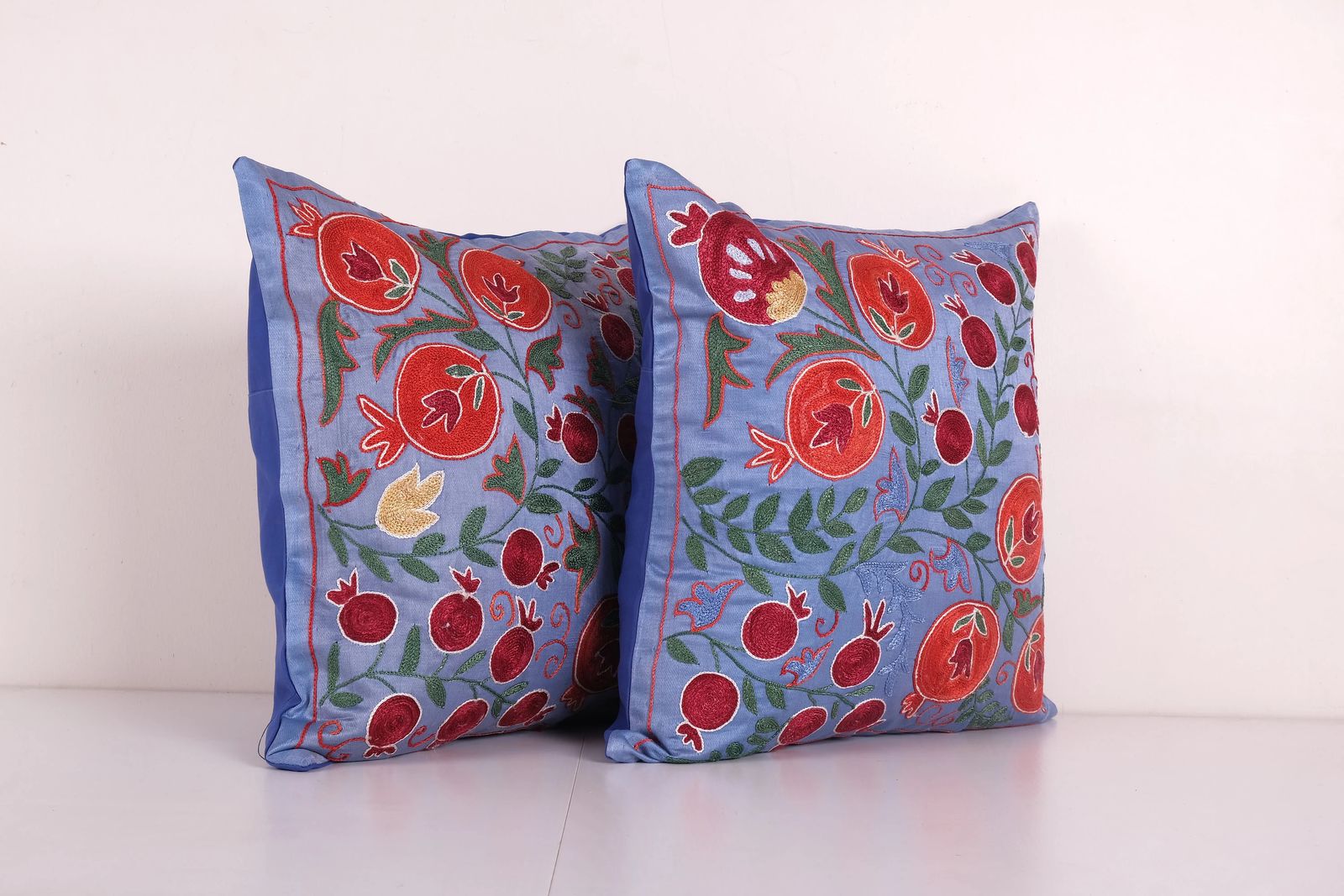 Pair Turkish Suzani Silk Embroidery Pillow From Vintage Suzani Textile   Set Of Two Floral Bukhara Cushion Cover photo for sale