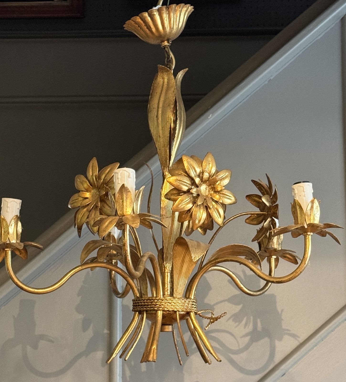 Pair Of Gilt Metal Five Branch Flowerhead Chandeliers photo Lighting