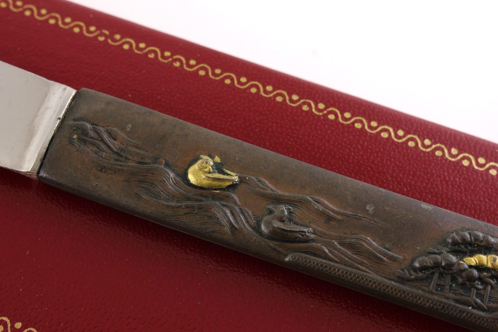 Antique Japanese Bronze Kozuka Duck Silver Letter Opener. Meiji C1880. photo vintage