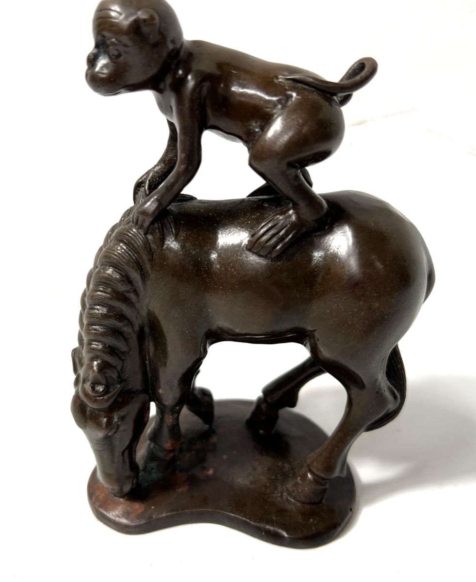 "The Horse And The Monkey" Bronze Group With Brown Patina 20th Century photo buy