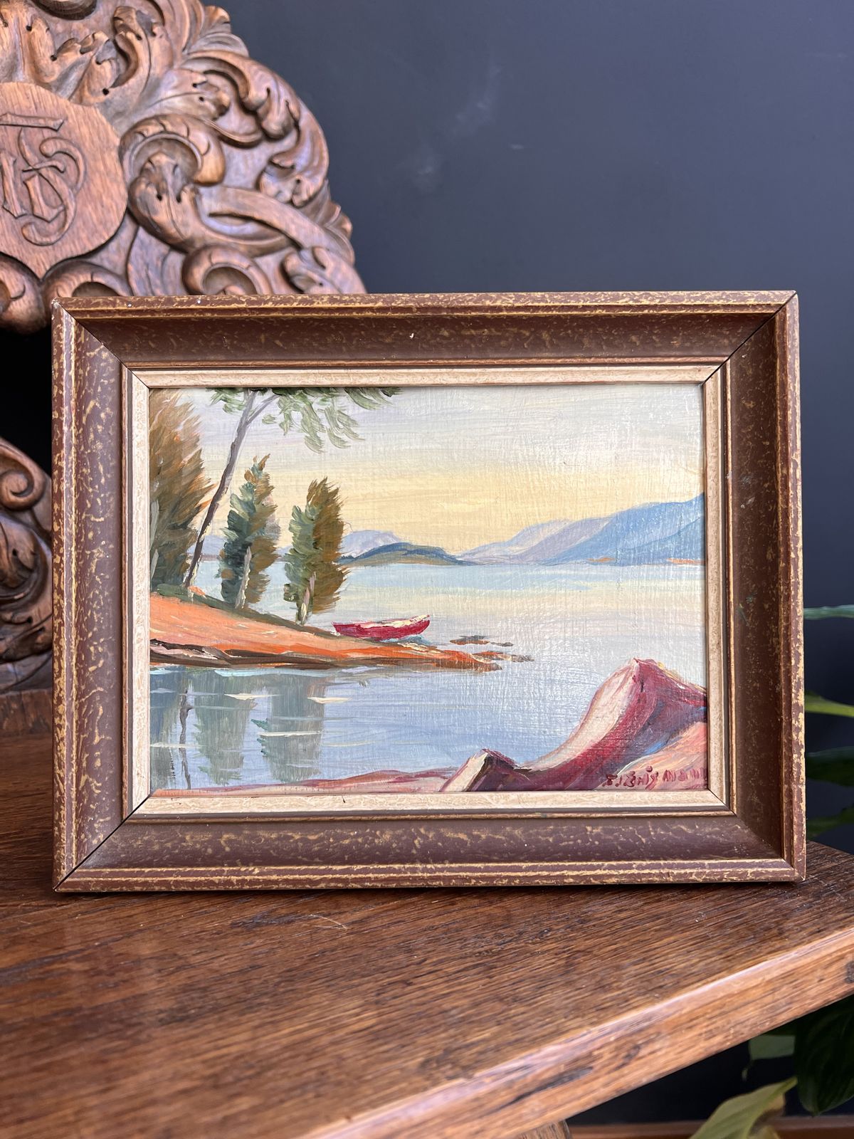 Vintage Painting Lake Scene, Oil On Card Board, Signed Original Art, Gift From Switzerland, Bielersee St Peters Island Switzerland