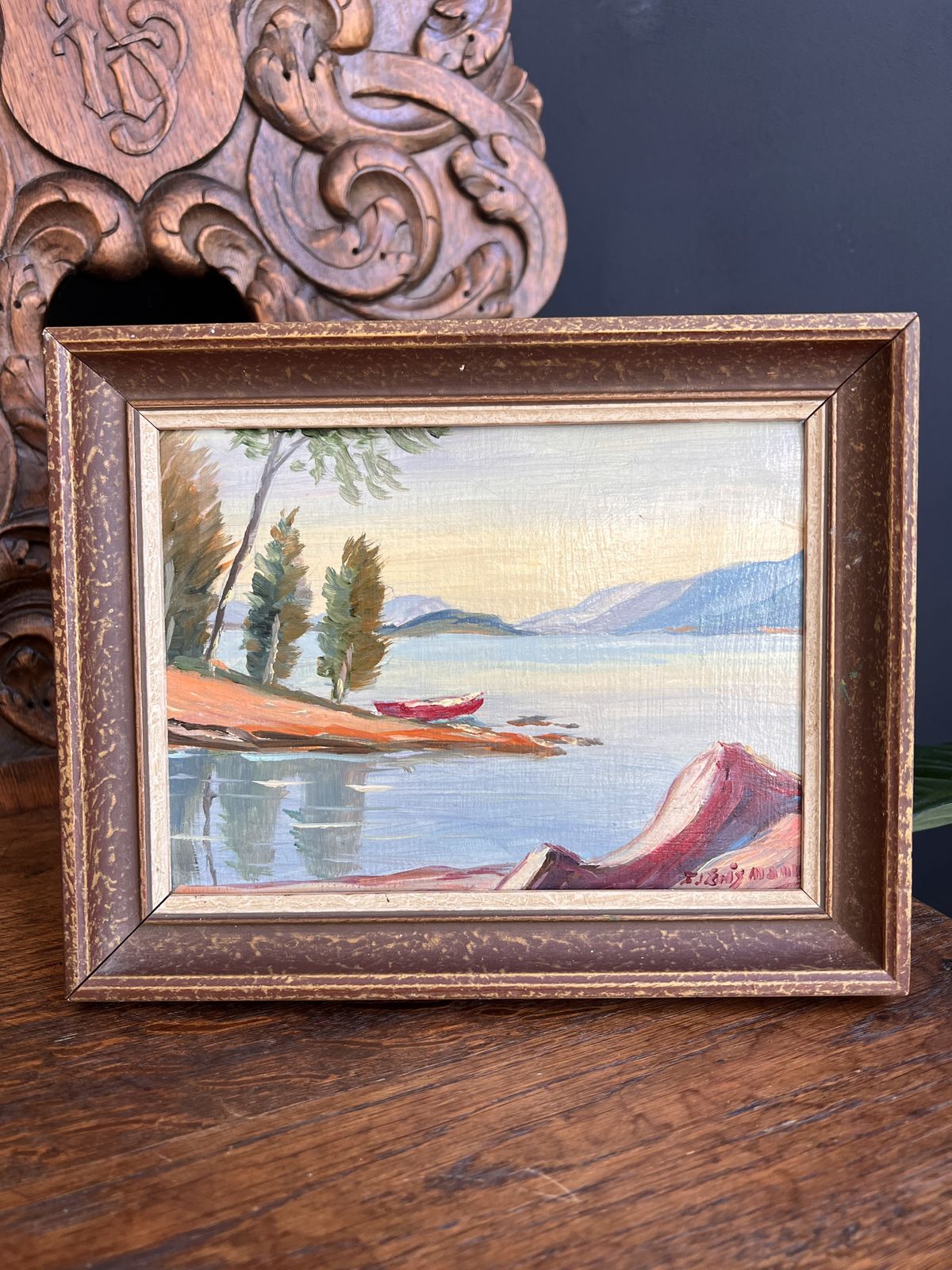 Vintage Painting Lake Scene, Oil On Card Board, Signed Original Art, Gift From Switzerland, Bielersee St Peters Island Switzerland photo buy