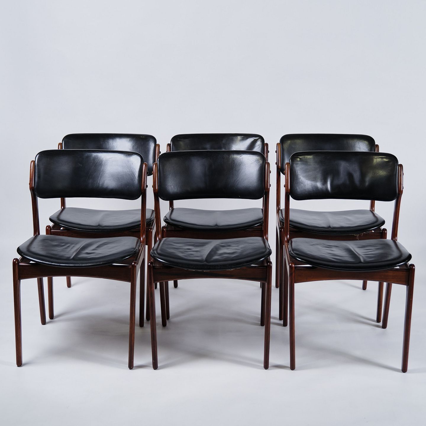 Set Of Six Dining Chairs – Erik Buch – Model Od49 – Rosewood & Black Leather – Od Furniture – 1950s